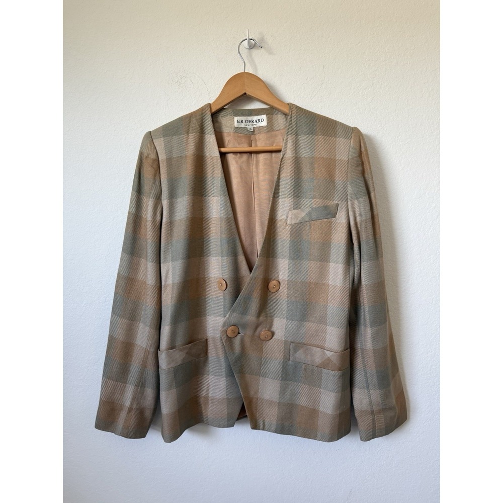 Vintage E.R. Gerard Plaid Double Breasted Blazer 100% Rayon Made USA ILGWU Sz 6